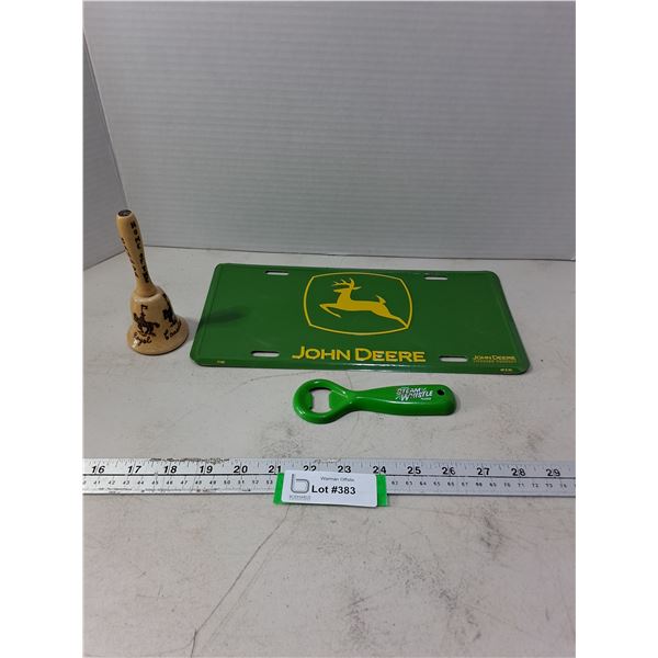 John Deere Novelty License Plate, Wooden RCMP Bell, Steam Whistle Bottle Opener
