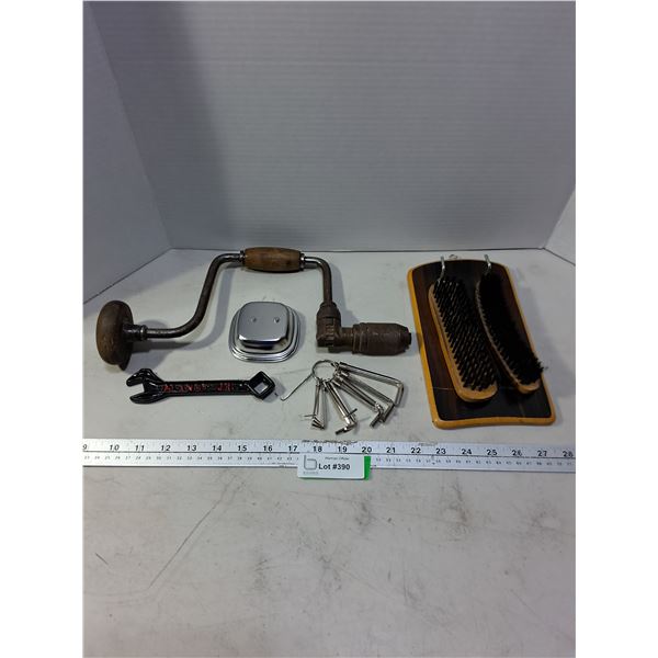 Vintage Speed Drill, Shoe Polish Brushes, Allan Wrench Set, Misc.