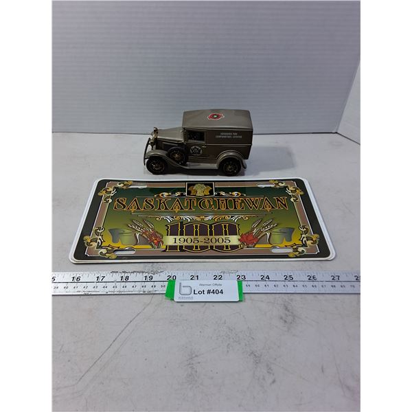 Saskatchewan Novelty License Plate, Replica Die-Cast "Canadian Tire" Model 'A' Coin Bank