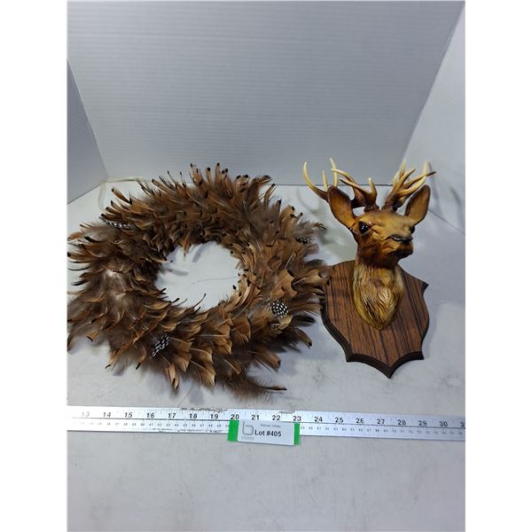 Faux Feather Wreath, Plastic Trophy Deer