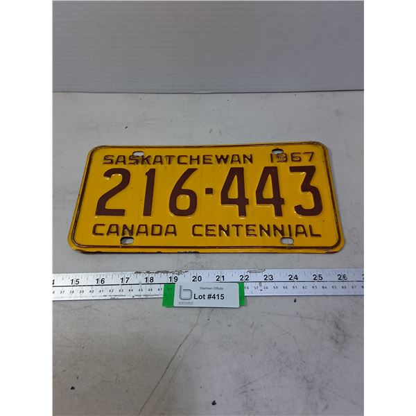 1967 Saskatchewan Centennial License Plate