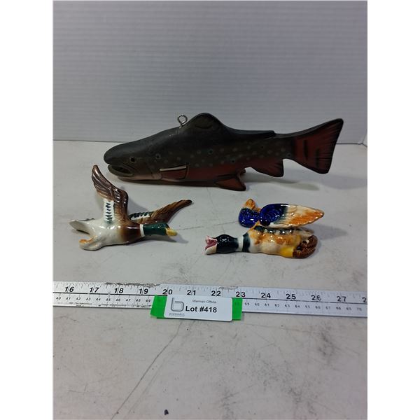Wooden Salmon Ornament, Pair of Porcelain Duck Ornaments