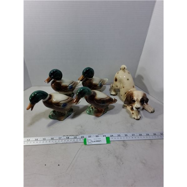 Set of 5 Porcelain Ducks & Dog Ornaments