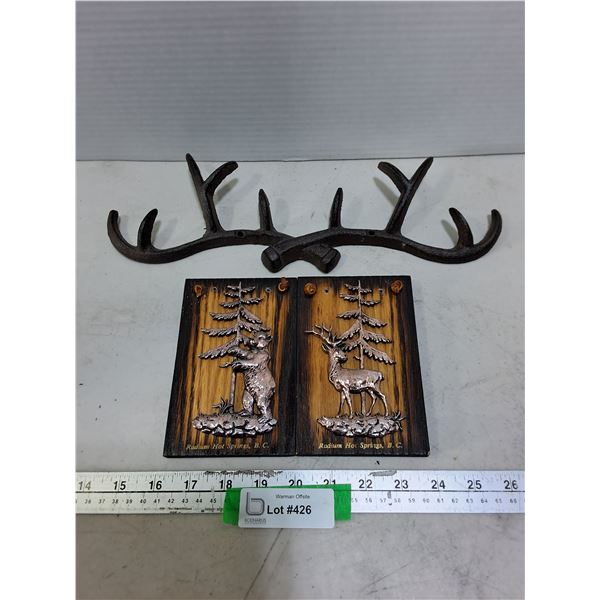 Cast Iron Antlers & Ornamental Wooden "Radium Hot Springs" Wall Plaques