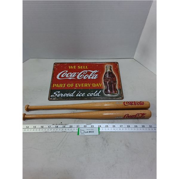 Coca-Cola Memorabilia (Mini Baseball Bats & Retro Metal Sign)
