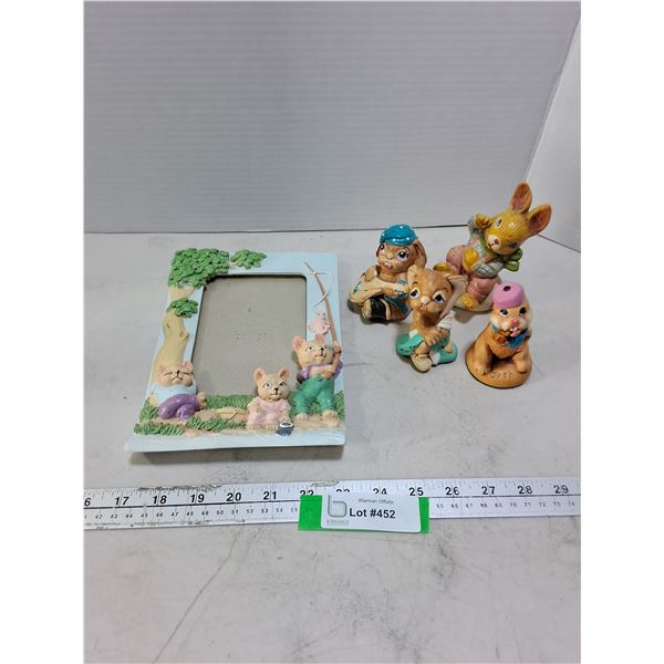 (4) Ornamental Rabbits, Ceramic "Cats Fishing" Picture Frame