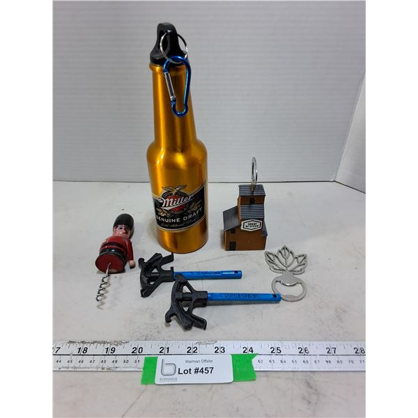 Assorted Bottle Openers, Corkscrew, Miller Genuine Draft Travel Bottle