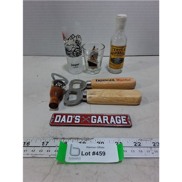 Assorted Shot Glasses & Bottle Openers, "Dad's Garage" Magnet