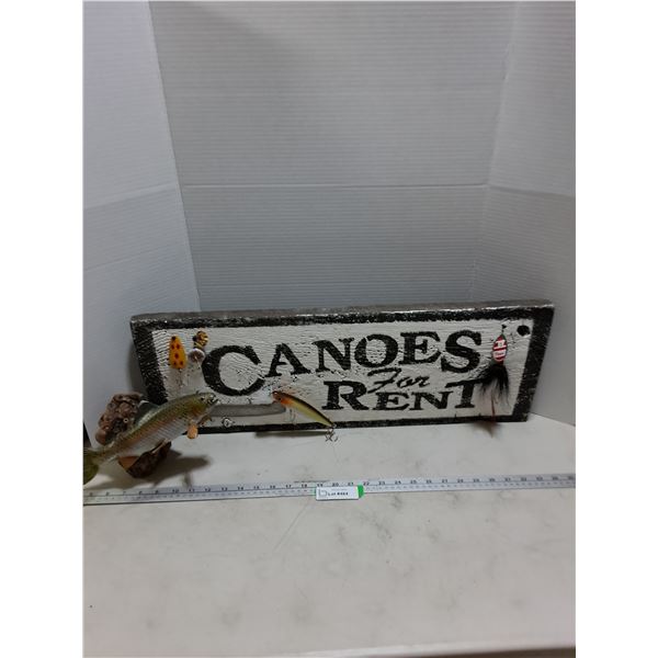 Wood Slab 27" x 10" "Canoes for Rent" Sign w/Attached Fish Tackle, Salmon Ornament - PICK UP