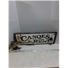 Image 1 : Wood Slab 27" x 10" "Canoes for Rent" Sign w/Attached Fish Tackle, Salmon Ornament - PICK UP
