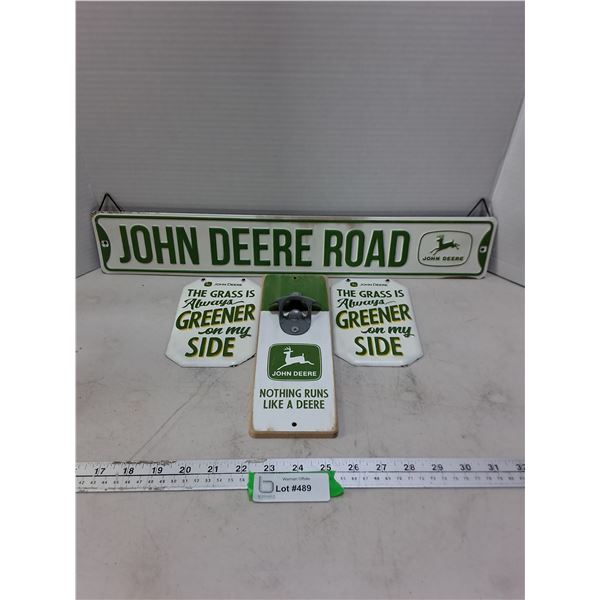 (4) John Deere Memorabilia Signs & Bottle Opener