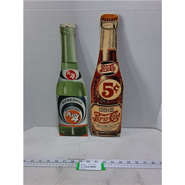(2) Vintage Cardboard 16" Pop Bottle Signs (Plus 4 & Pepsi-Cola)