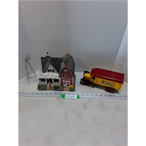 Lemax Ceramic Farmhouse w/Windmill & Child, Matchbox Diecast "Champion" Ford TT Panel Van