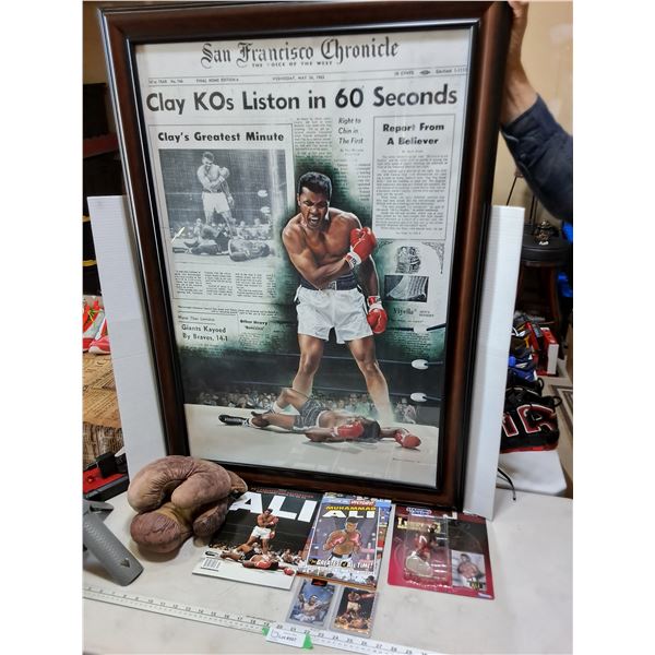 Muhammad Ali (40"x29" Framed Print, NIB Figure, Books, Collector Cards), Vintage Gloves - PICK UP