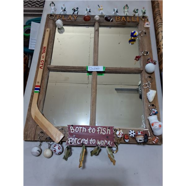 Sports Decorated Wood Framed Mirror Sign Including Keychains & Figurines - 24" x 20" - PICK UP