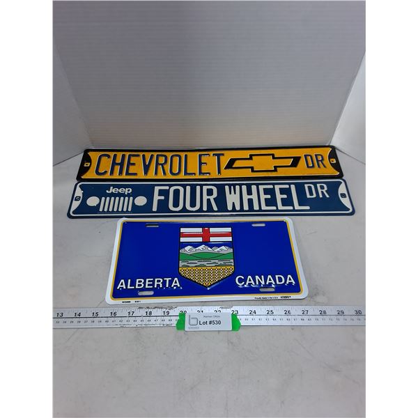(2) Retro Metal Signs (Chevrolet & Jeep), Alberta Novelty License Plate