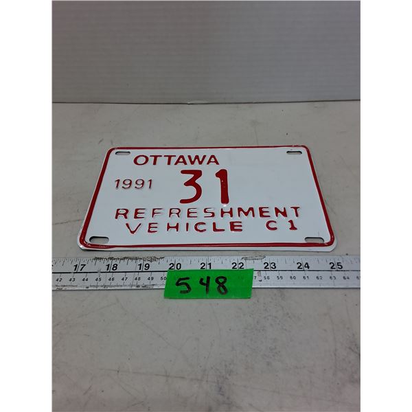 1991 Ottawa Refreshment Vehicle License Plate