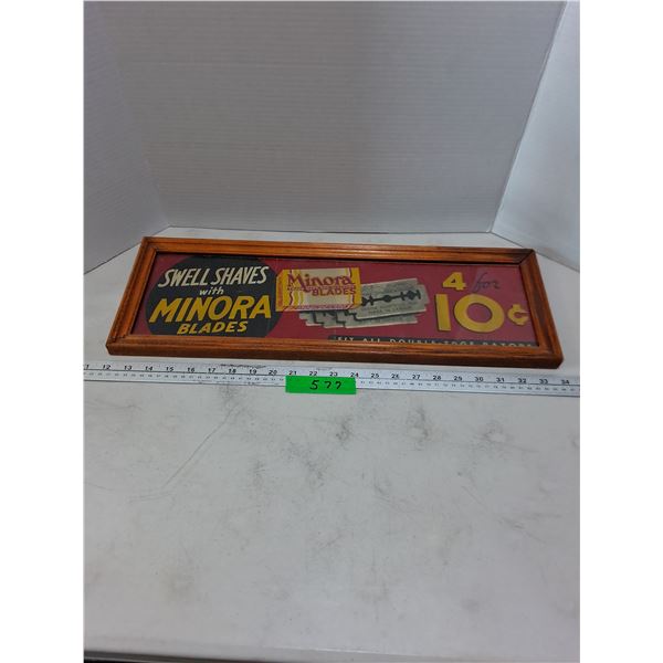 Antique Wood Framed "Minora Blades" Advertisement - 22" x 7.5"