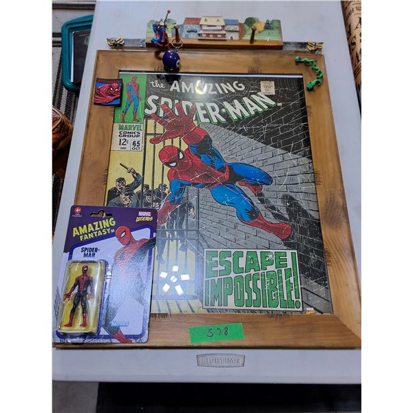 Spider-Man Memorabilia (Framed 24" x 20" Comic Book Poster w/Coat Rack on top, NIB Figure) -PU