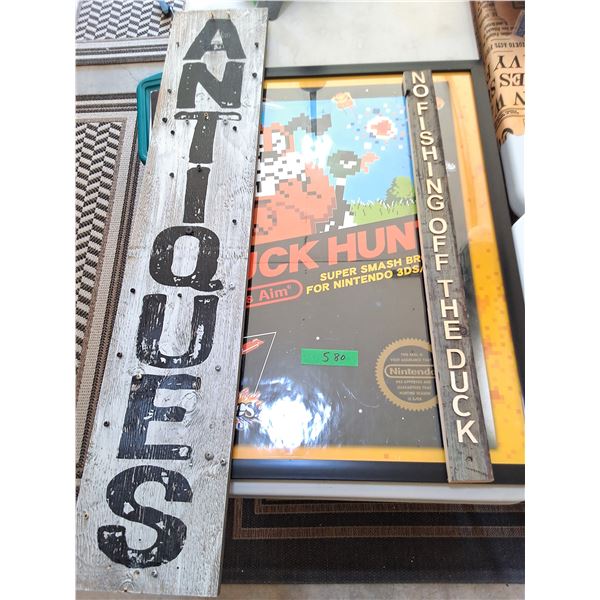 (3) Wall Decor Pieces (30" x 24" Nintendo Ad, 40" Antiques Wooden 28" Fishing) -CANNOT SHIP