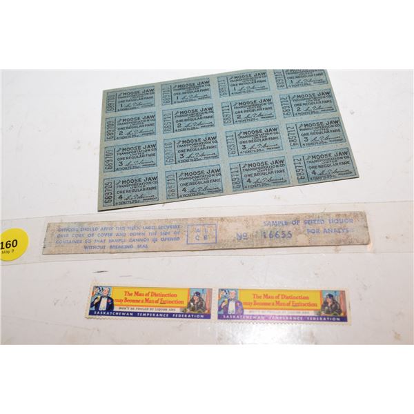 Saskatoon Prohibition Stamps, Seized Liquor Seal, MJ Bus Tickets