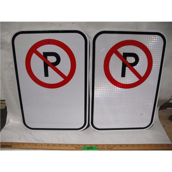 (2) Unused Aluminum No Parking Signs Reflective Non Reflective (12'x18")