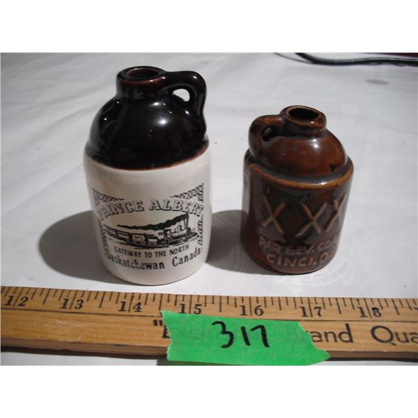 (2) Small Advertising Stoneware Jugs