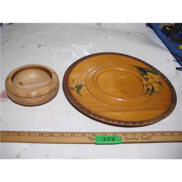 Small Wooden Bowl Hand Crafted by Marl Seemann Plus Wooden Plate Floral Design
