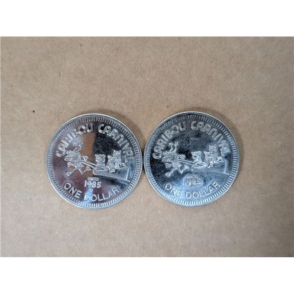 (2) 1985 Caribou Carnival One Dollar Coins Yellow Knife N.W.T Canada