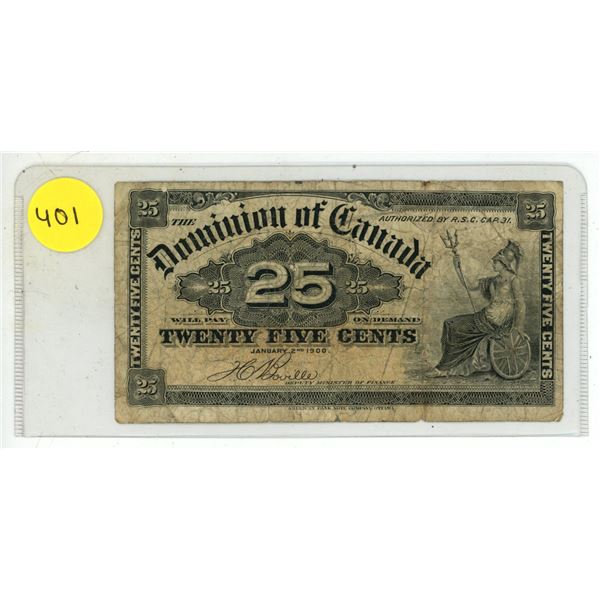 1900 Dominion of Canada 25 Cents Shinplaster.