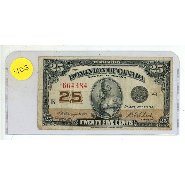 1923 Dominion of Canada 25 Cents Shinplaster.