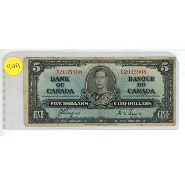 1937 Bank Of Canada Five Dollar.