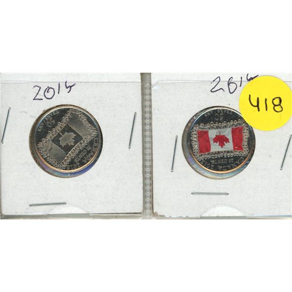 2015 Canadian 25-cent coins commemorating the 50th anniversary of the national flag. (Coloured and U