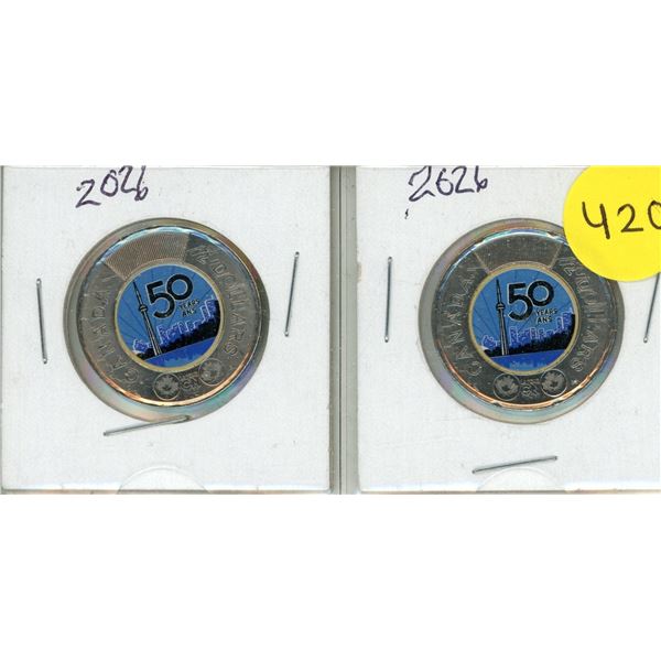 (2) 2026 Canadain $2 "Toonie" coins commemorating the 50th anniversary of the CN Tower. - Coloured.