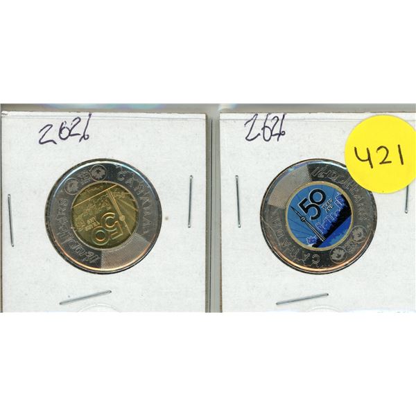 2026 Canadain $2 "Toonie" coins commemorating the 50th anniversary of the CN Tower. - Coloured and U
