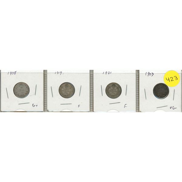 1903, 1908, 1919, 1921 Canada Silver 10 Cents.