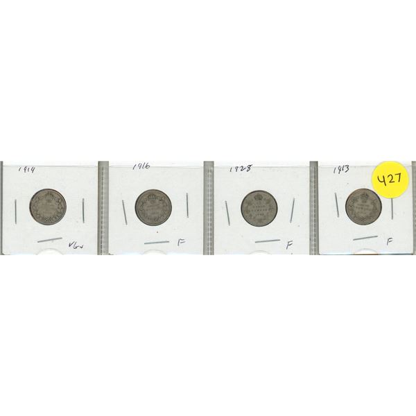 1913, 1914, 1916, 1928 Canada Silver 10 Cents.