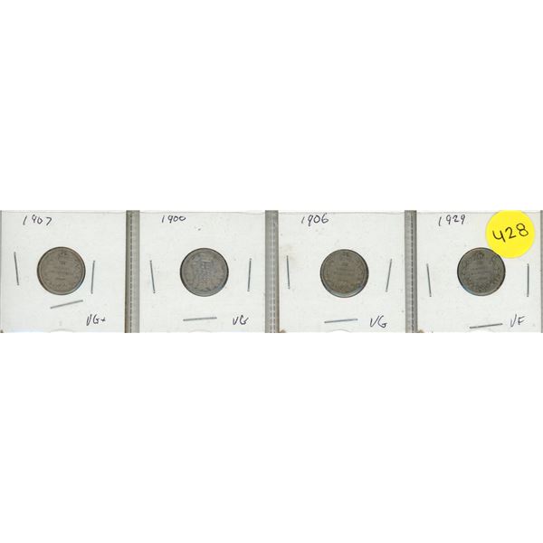 1900, 1906, 1907, 1929 Canada Silver 10 Cents.