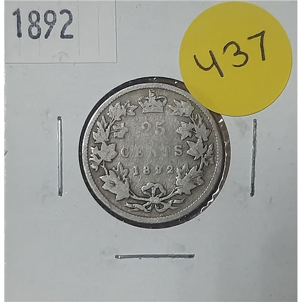 1892 Canada Silver 25 Cents.