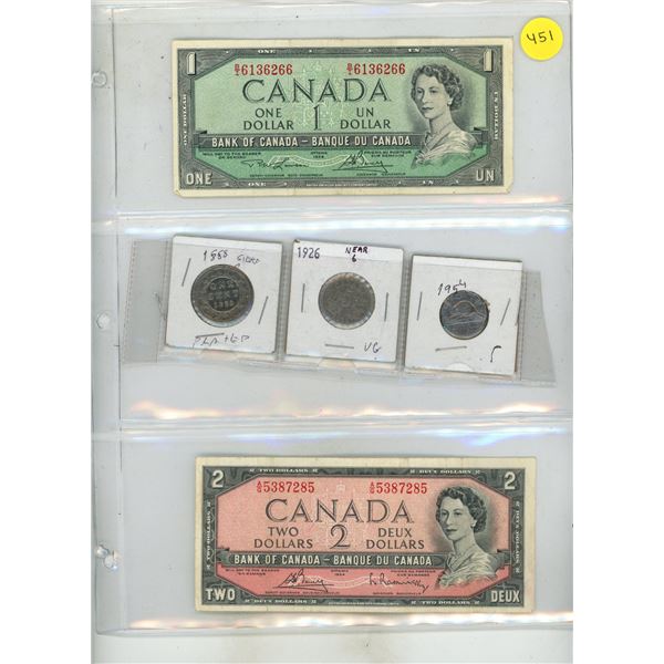 1954 Canada One, Two Dollar and 1888 Canada Large One Cent- Silver Plated, 1926 Near 6 and 1954 Cana