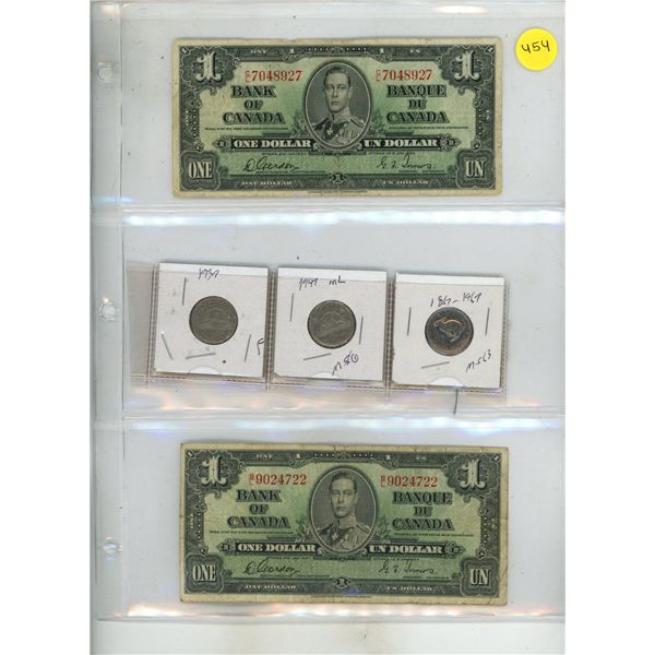 (2) 1937 Canada One Dollar and 1937, 1947, 1967 Canada 5 Cents.
