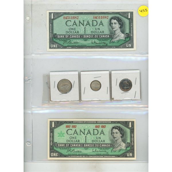 1954, 1967 Canada One Dollar & 1967 Canada Silver 25 Cents, Silver 10 Cents and 5 Cents.
