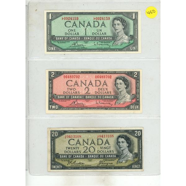 1954 Canada One, Two, Twenty Dollar.