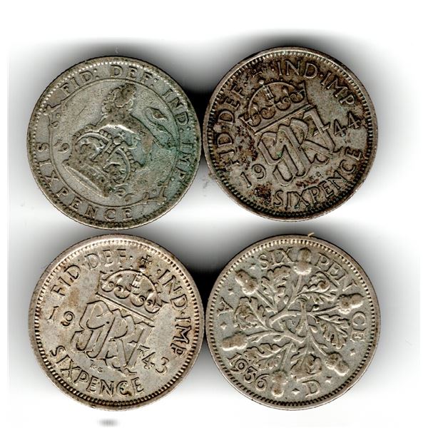 1926, 1936, 1943 AND 1944 BRITISH SIX-PENCE 50% SILVER