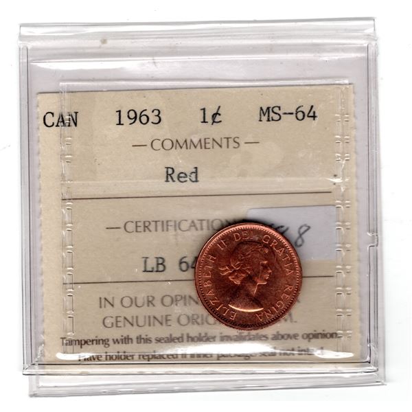 1963 ONE CENT RED MS-64 ICCS