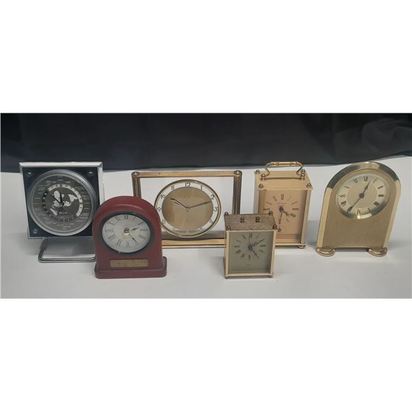 6 QTZ DESK AND CARRIAGE CLOCKS, COUPLE WORKING, REST PARTS/REPAIR