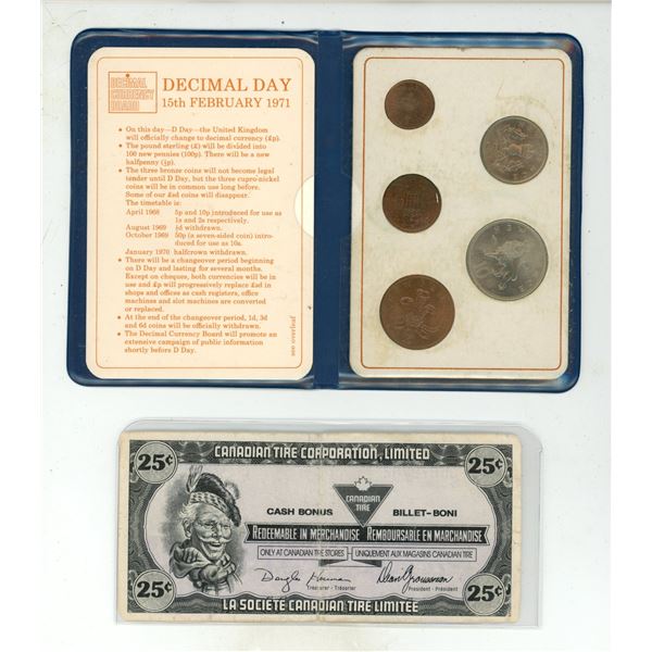 1968-1971- British First decimal coins & 25 cent early store canadian tire coupon