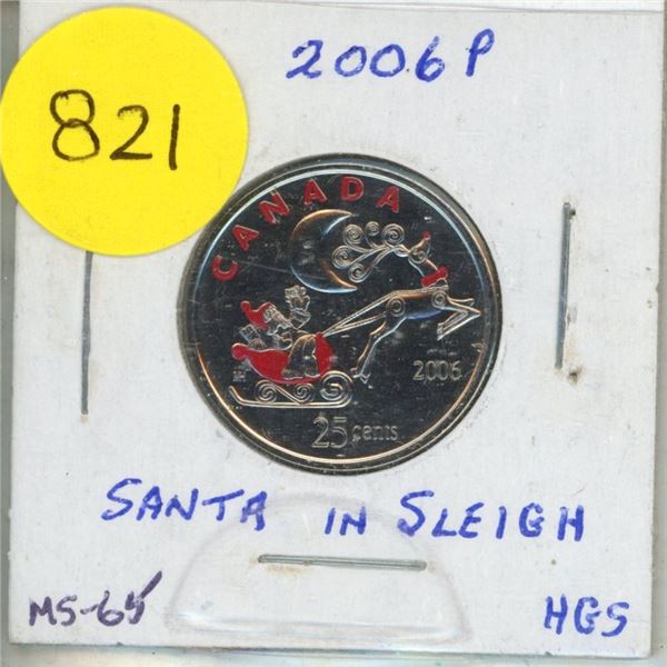 2006P- Santa Claus in Sleigh and Reindeer - Colourised 25 cents coin