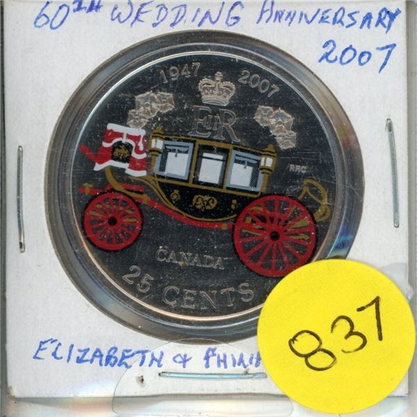 2007- 60th Wedding Anniv. Elizabeth 11/Prince Philip - Colourized 25 cents coin