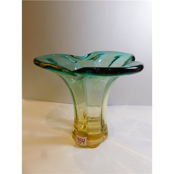 AQUA AND YELLOW ART GLASS VASE 7 ¾” TALL
